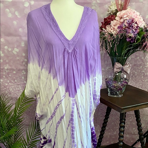 NWOT caftan style dress, purples on white, nice style, fit and color, very long - Picture 8 of 14